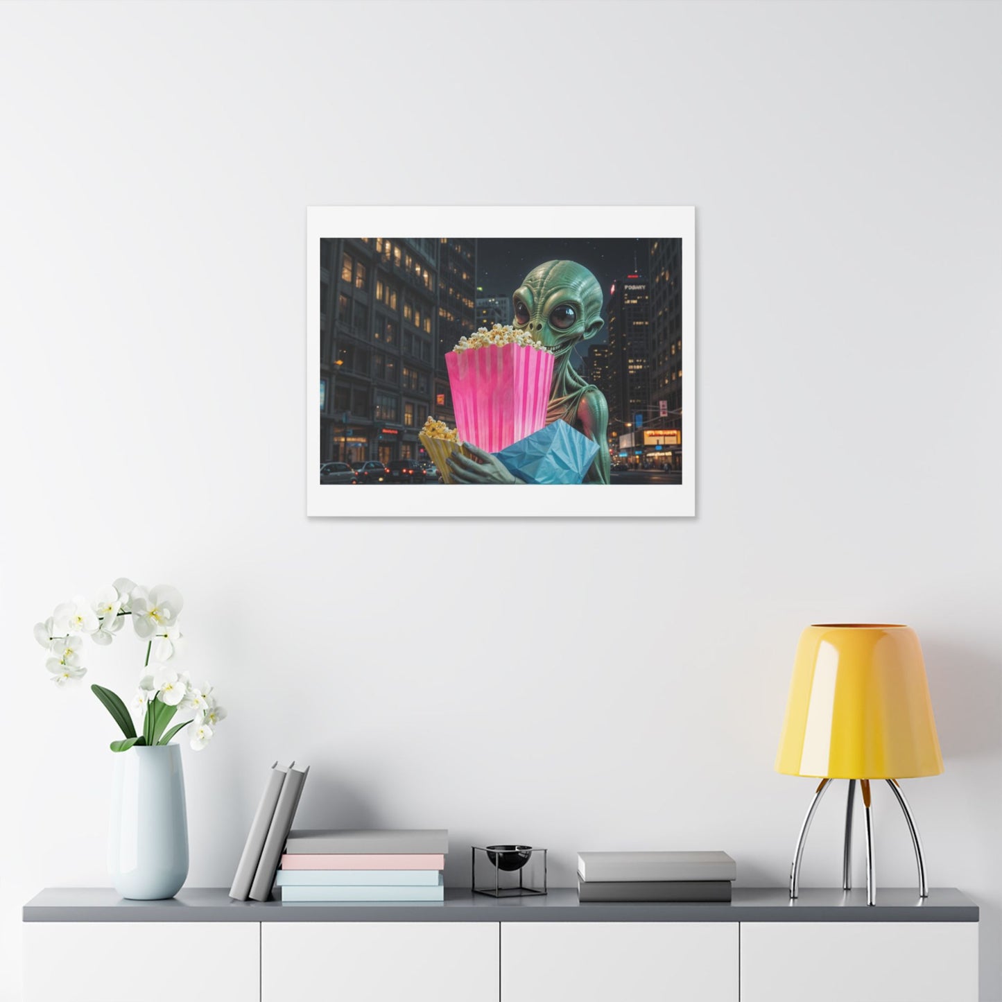 Alien Watching the Planet Earth Show 'Designed by AI' Satin Canvas Art Print