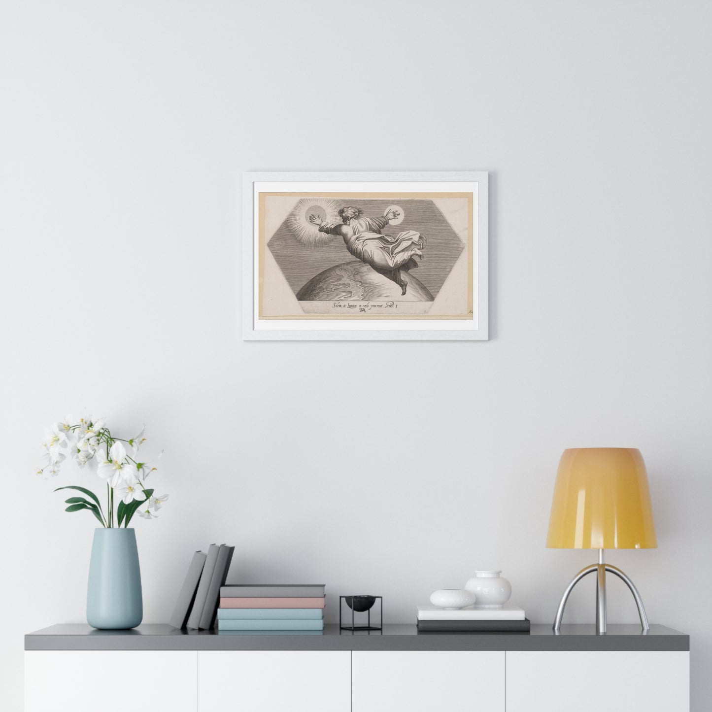 God Schept de Zon en de Maan (1626) by Francesco Villamena and Rafaël, from the Original, Framed Art Print