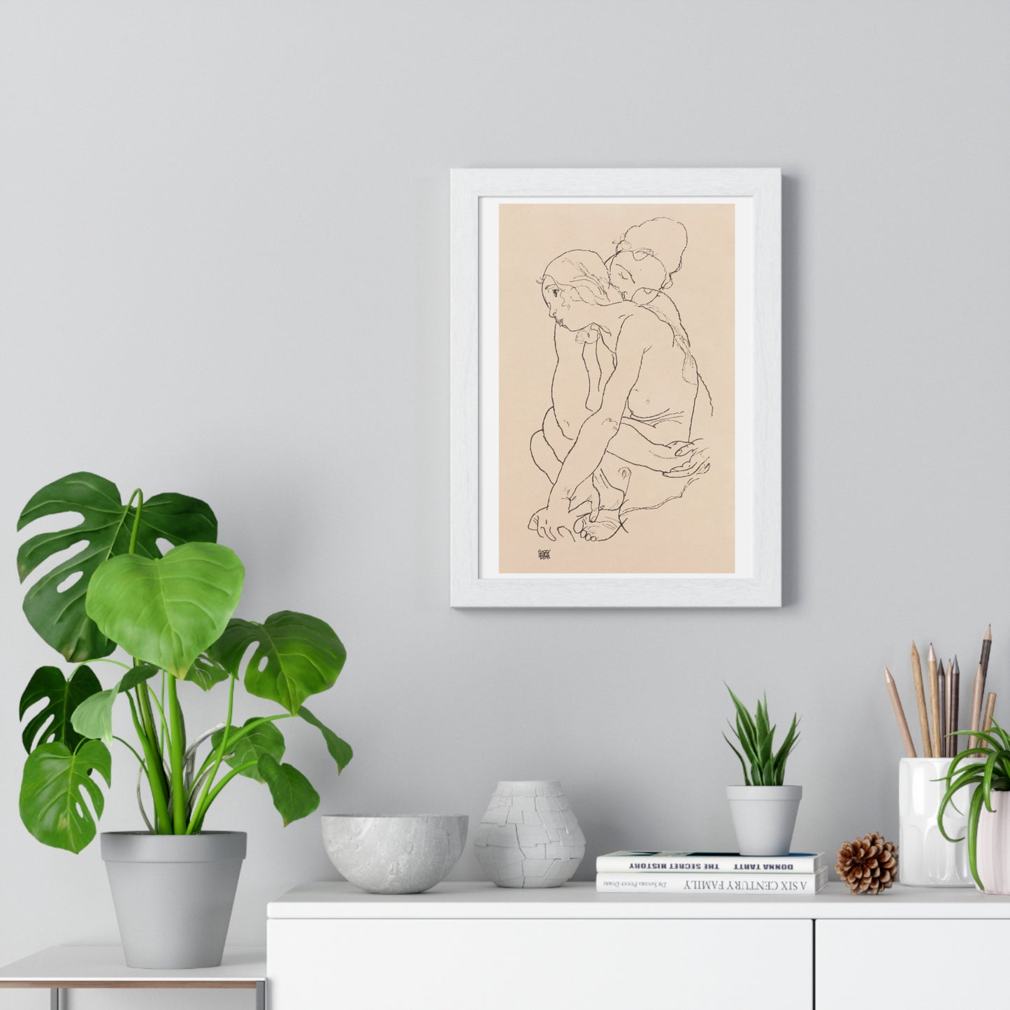 Woman and Girl Embracing (1918) by Egon Schiele, from the Original, Framed Art Print