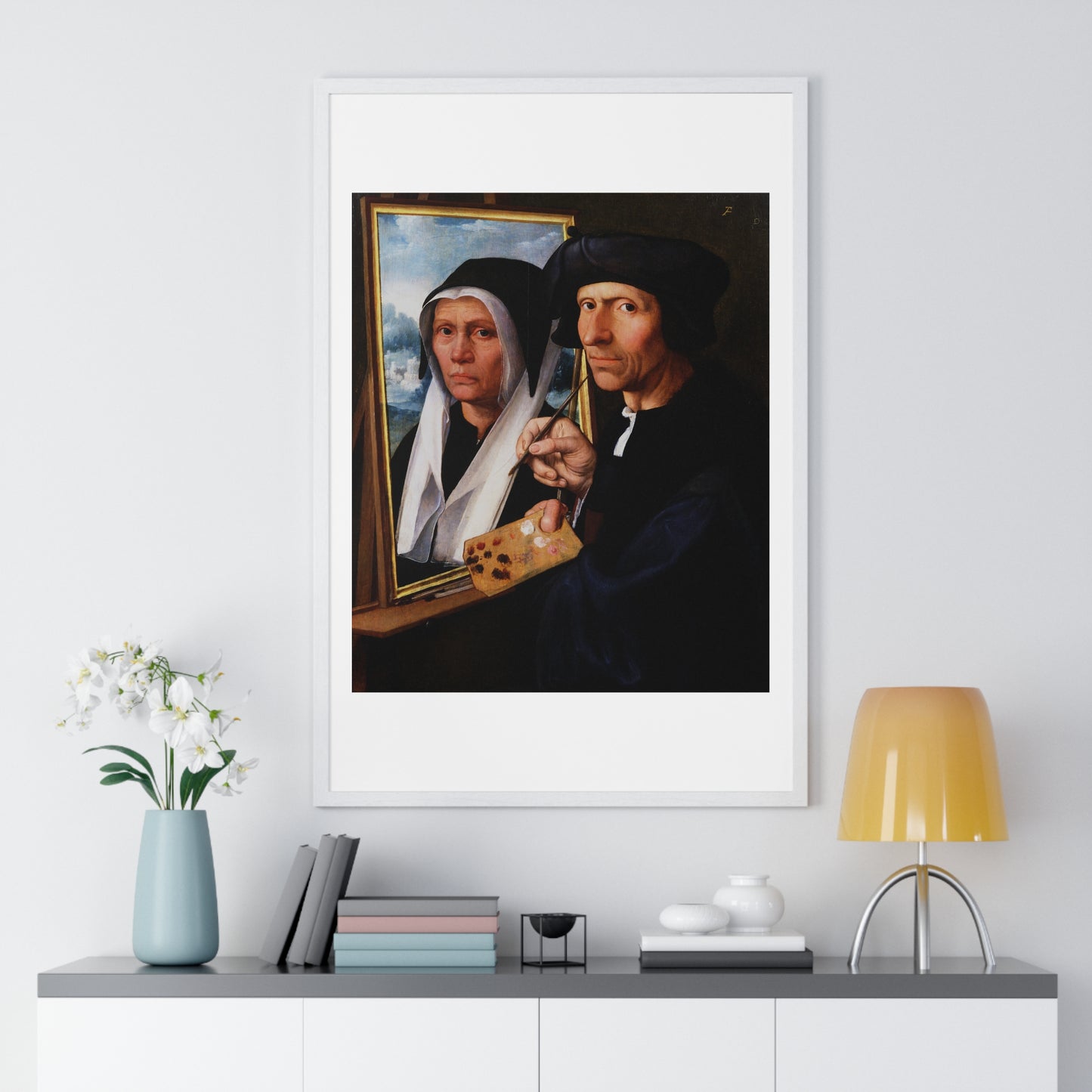Jacob Cornelisz van Oostsanen Painting a Portrait of His Wife (circa 1550) by Dirck Jacobsz, from the Original, Framed Print
