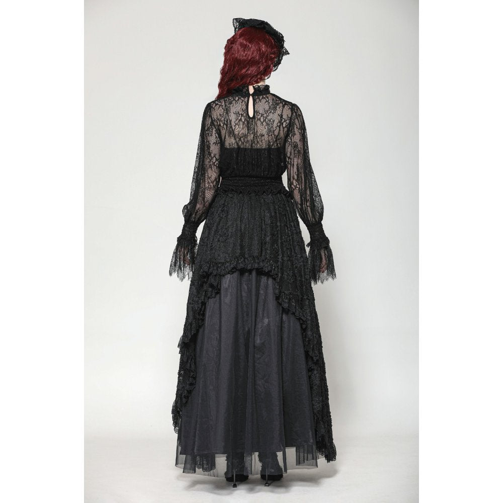 Dark in Love Aoife Black Hollow Lace Elastic Pleated-Waist Eyelash Lace Cuff Top
