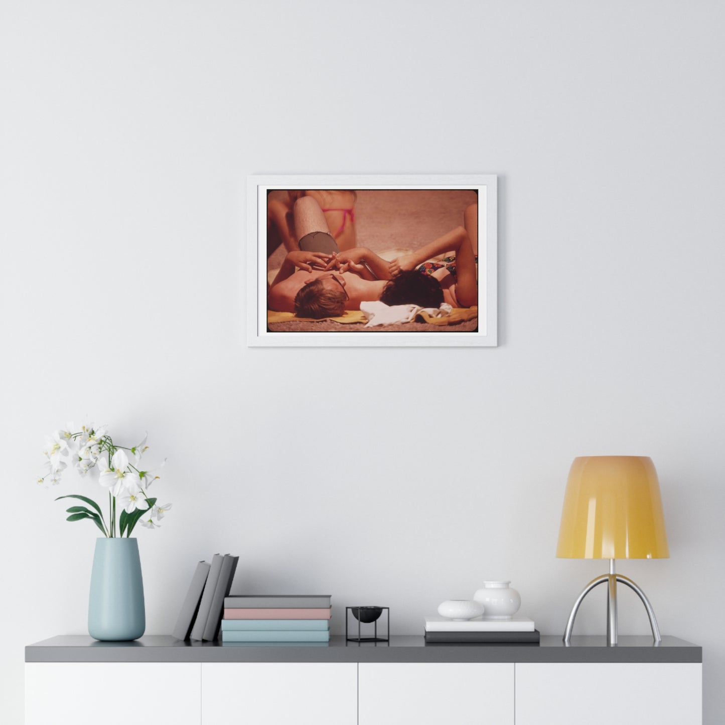Sunning on the Lake Shore ( 1972) Vintage Photography by Charles O'Rear, Framed Print