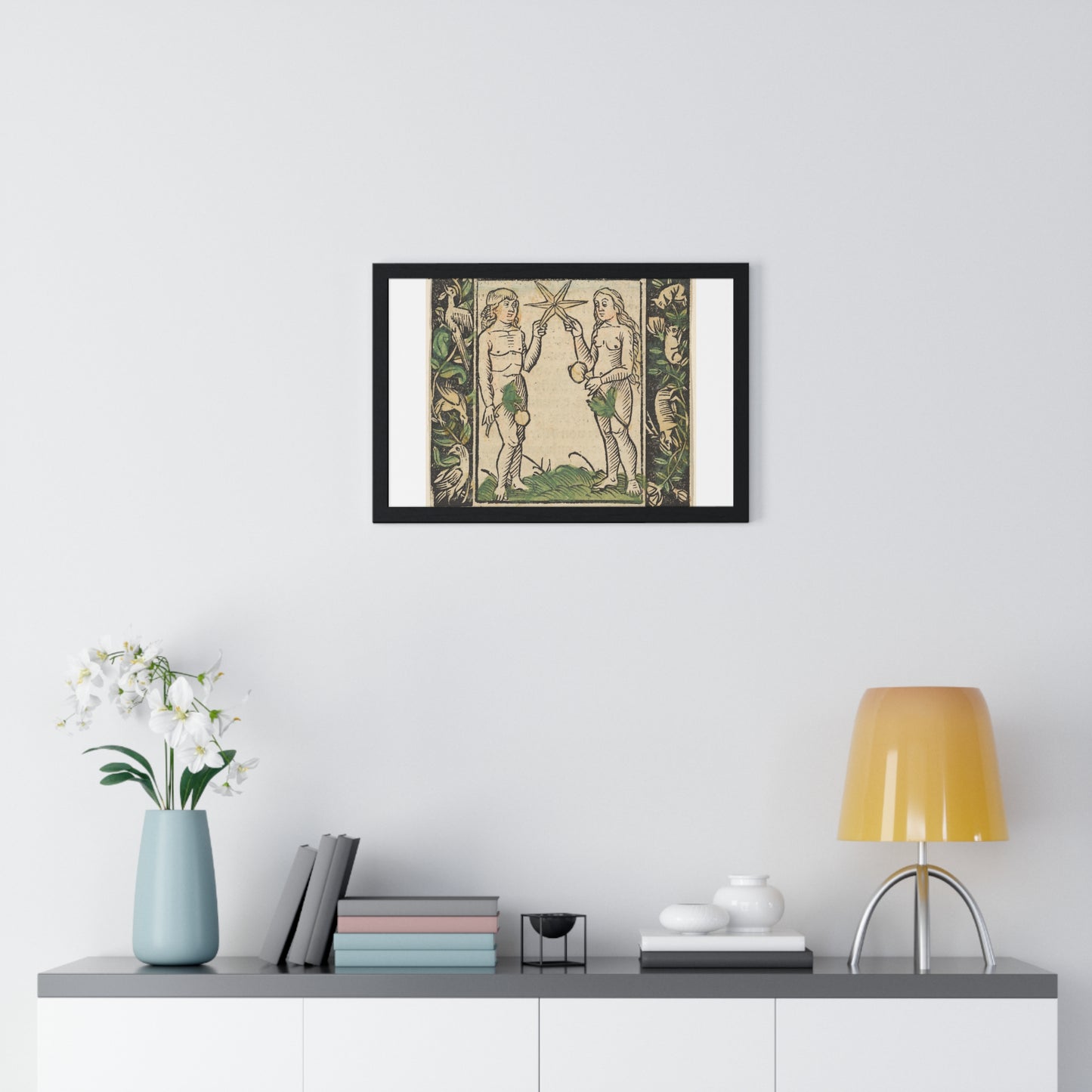 Adam and Eve Holding a Star, Illustration from 'Beschlossen Gart des Rosenkranz Mariae' by Hans Baldung, from the Original, Framed Art Print
