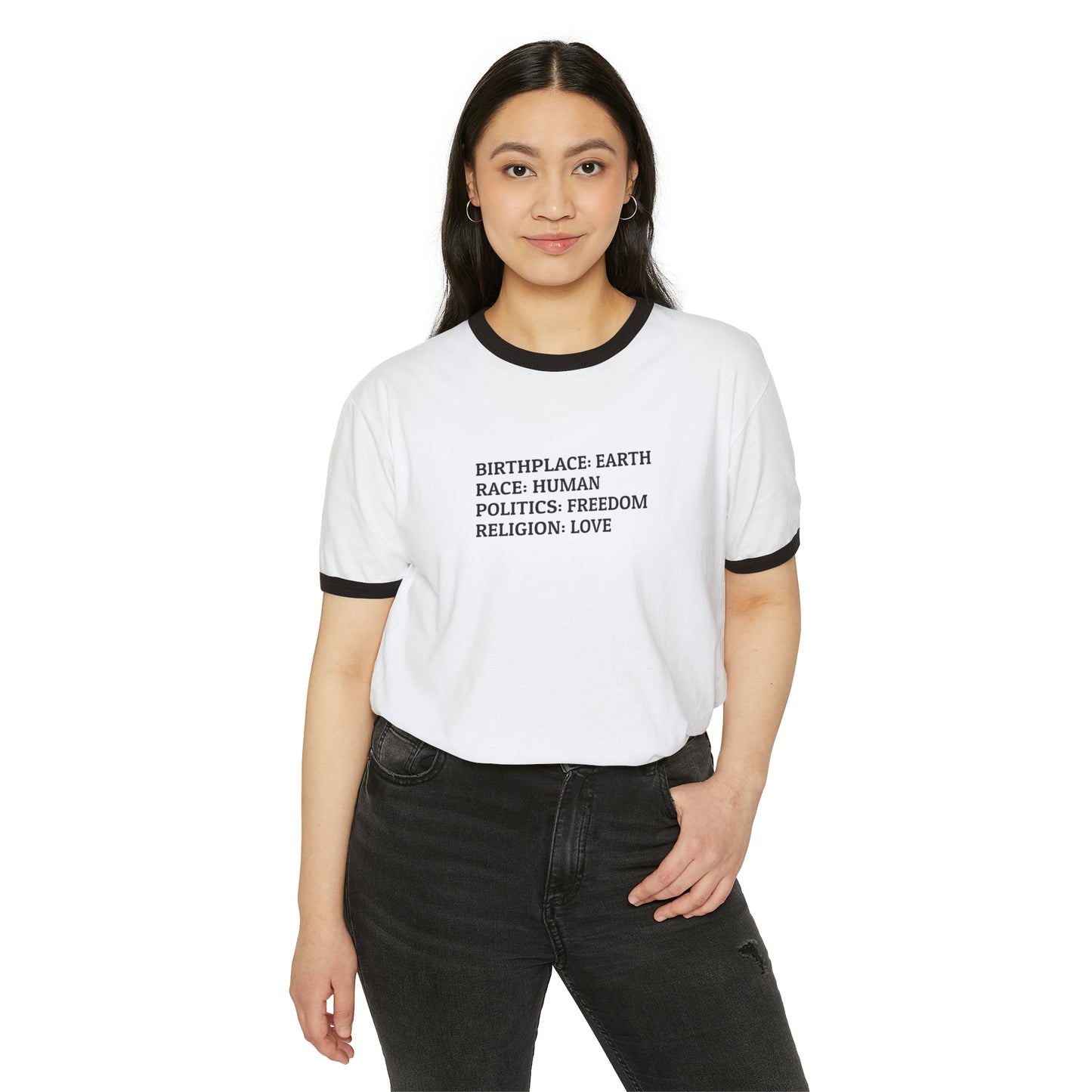 'Birthplace: Earth, Politics: Freedom, Religion: Love' Cotton T-Shirt