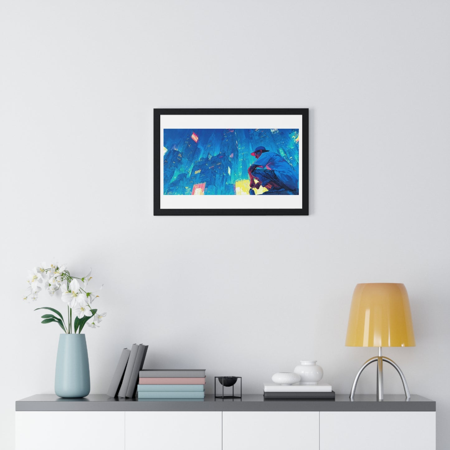 Cosmic Cityscape at Sunset 'Designed by AI', Framed Art Print