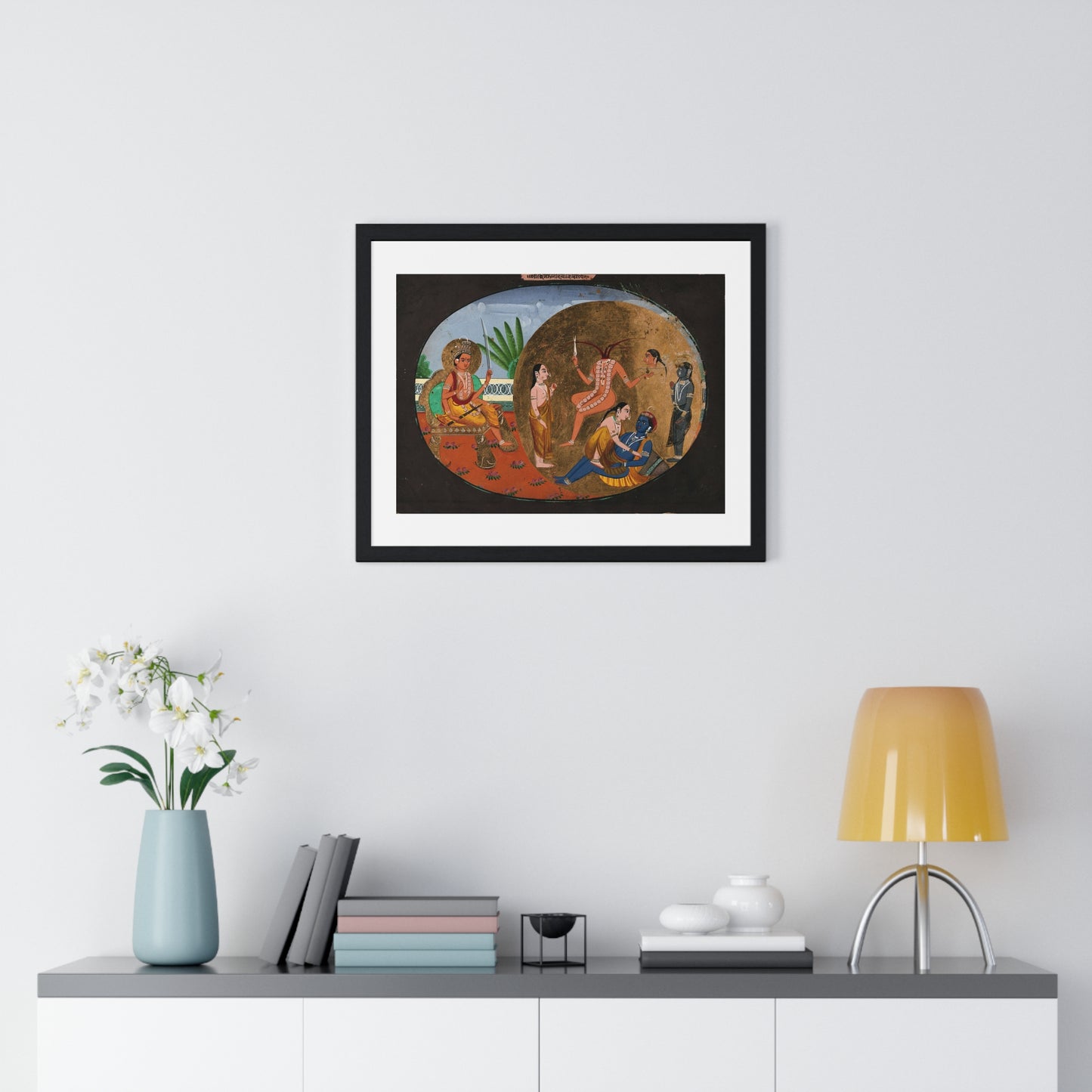 Hindu Deities Shiva, Chhinnamasta, Kamadeva and Rati, 19th Century Gouache Painting by an Indian Artist, Framed Print