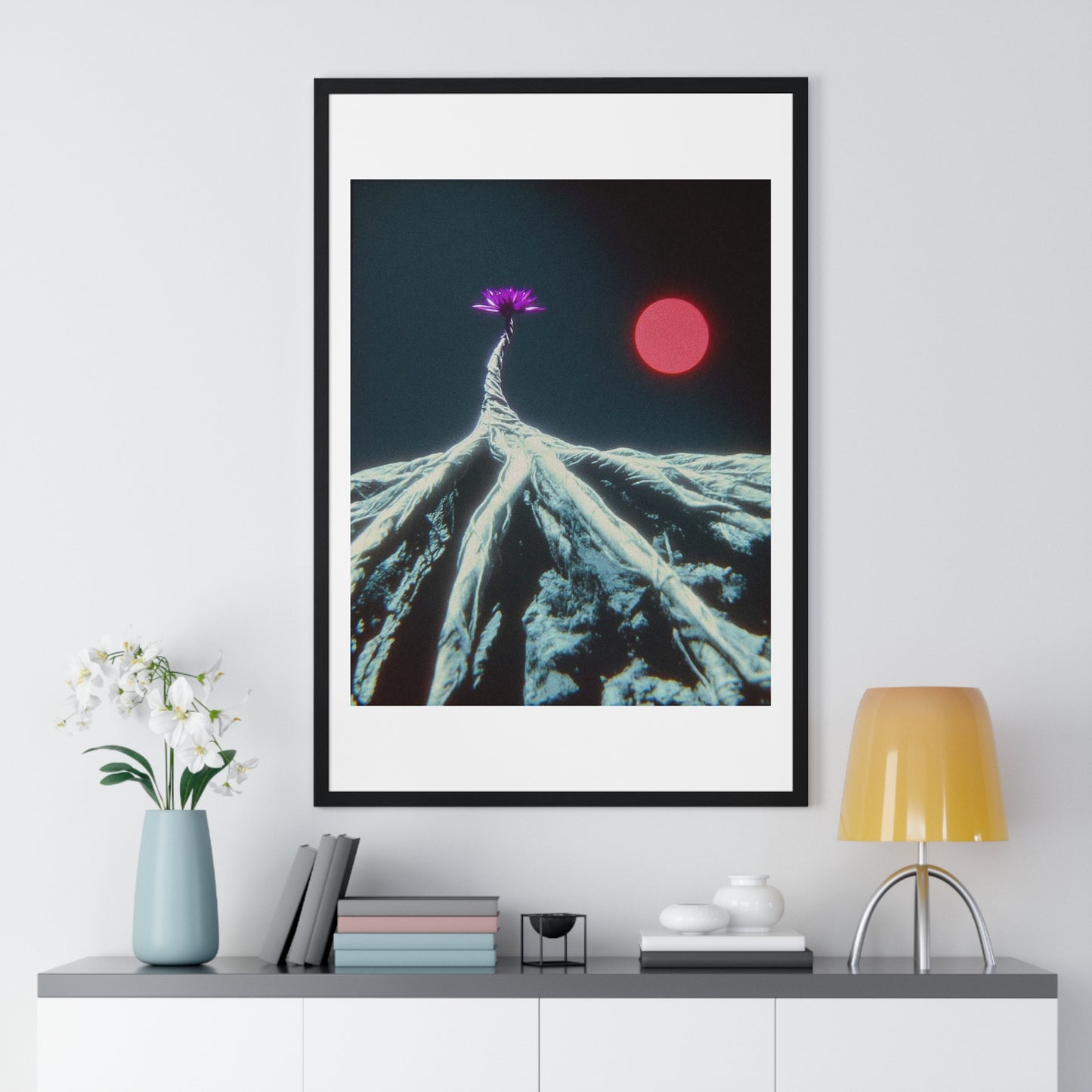 One Purple Flower Growing From Frozen Tundra Against a Red Sun 'Designed by AI' Framed Art Print