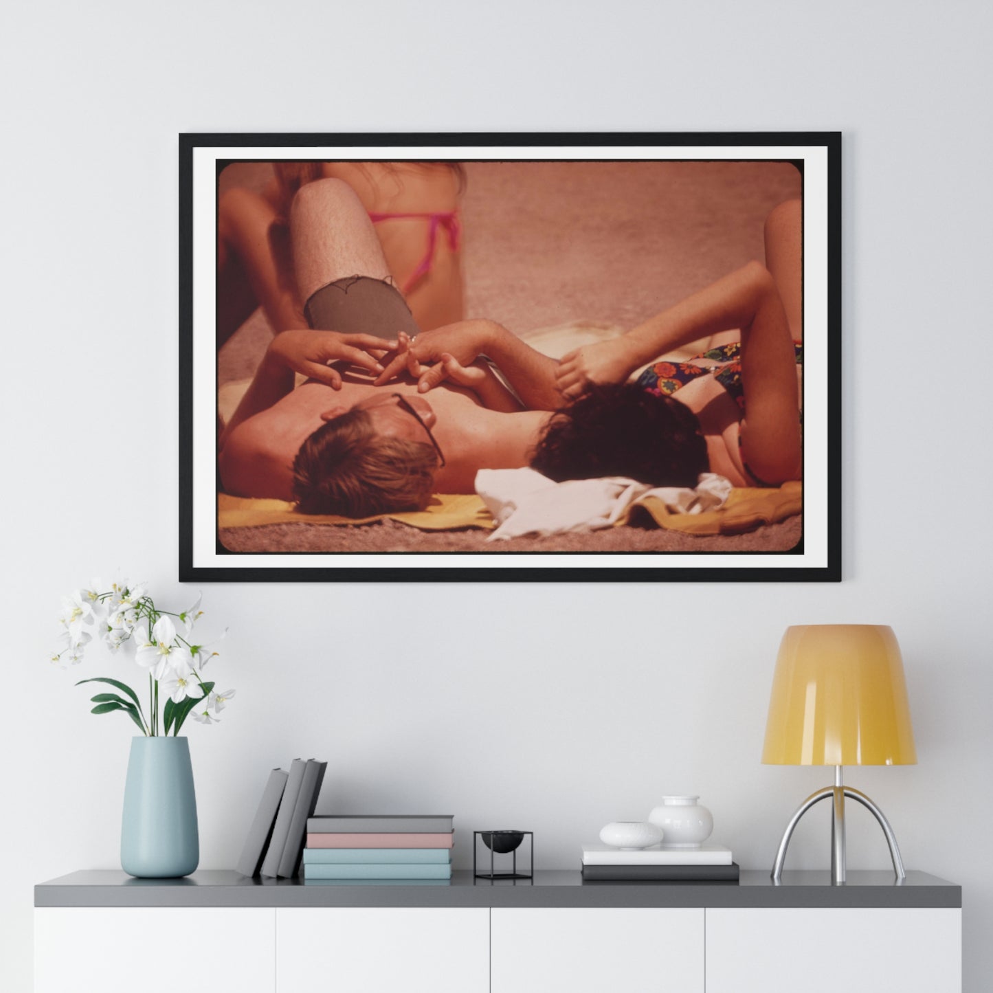 Sunning on the Lake Shore ( 1972) Vintage Photography by Charles O'Rear, Framed Print