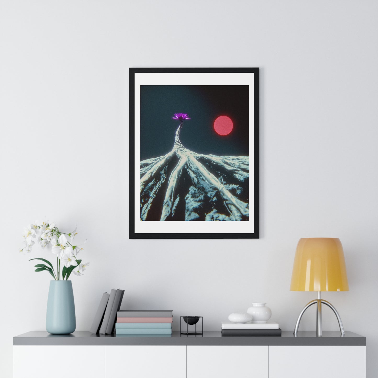 One Purple Flower Growing From Frozen Tundra Against a Red Sun 'Designed by AI' Framed Art Print