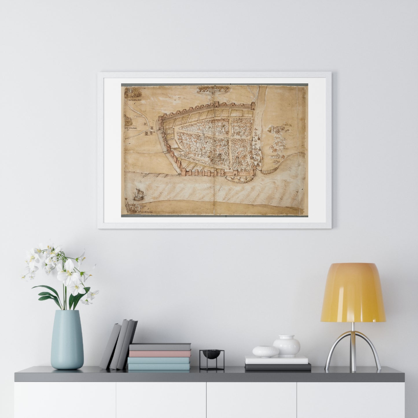 Antique Map of the City of Hull (circa 1539) from the Original Manuscript, Framed Print
