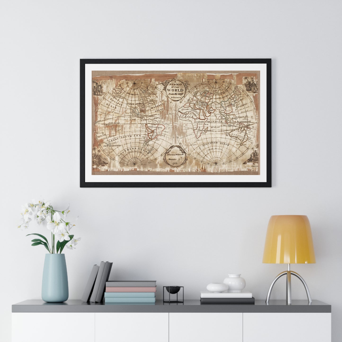 Embroidered World Map Sampler (1783) by Mariana Willmott, from the Original, Framed Art Print
