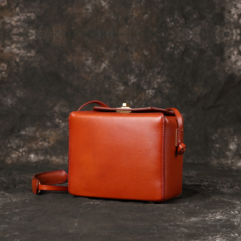 Square Box Bag, Retro Cowhide Leather Women's Handag Messenger Bag
