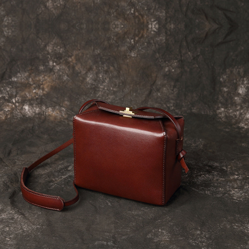 Square Box Bag, Retro Cowhide Leather Women's Handag Messenger Bag