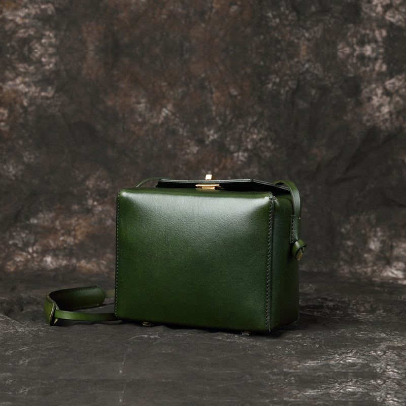 Square Box Bag, Retro Cowhide Leather Women's Handag Messenger Bag