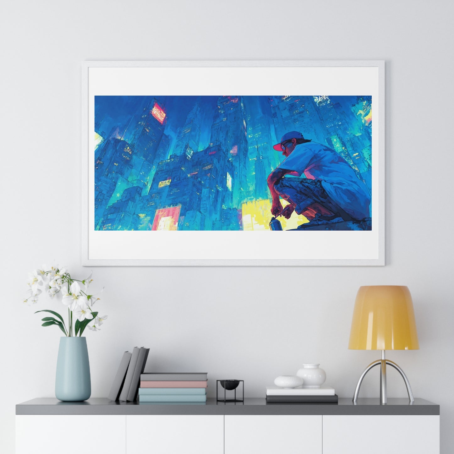 Cosmic Cityscape at Sunset 'Designed by AI', Framed Art Print