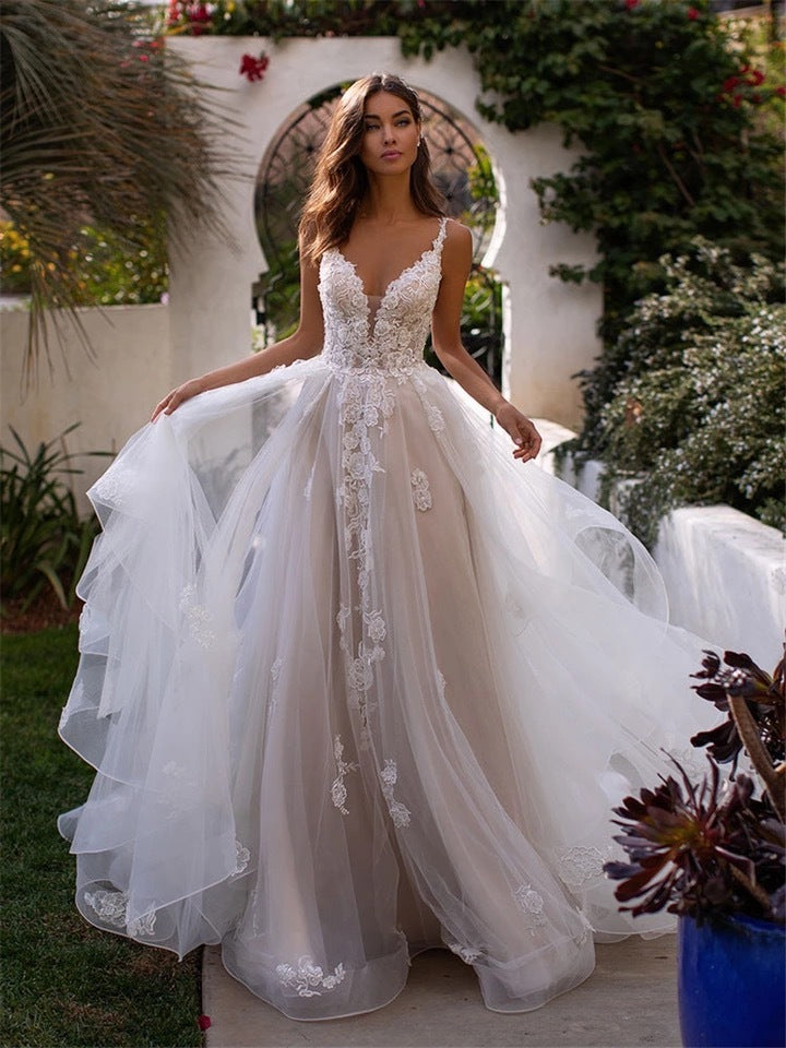 Vireous Slim Suspender Sheer Wedding Dress with Full-Length Train