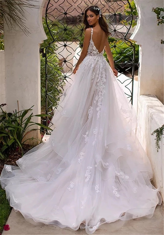 Vireous Slim Suspender Sheer Wedding Dress with Full-Length Train