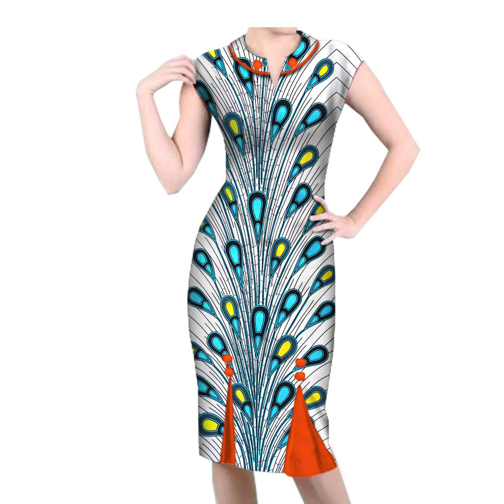 African-Style Peacock Print Midi Dress