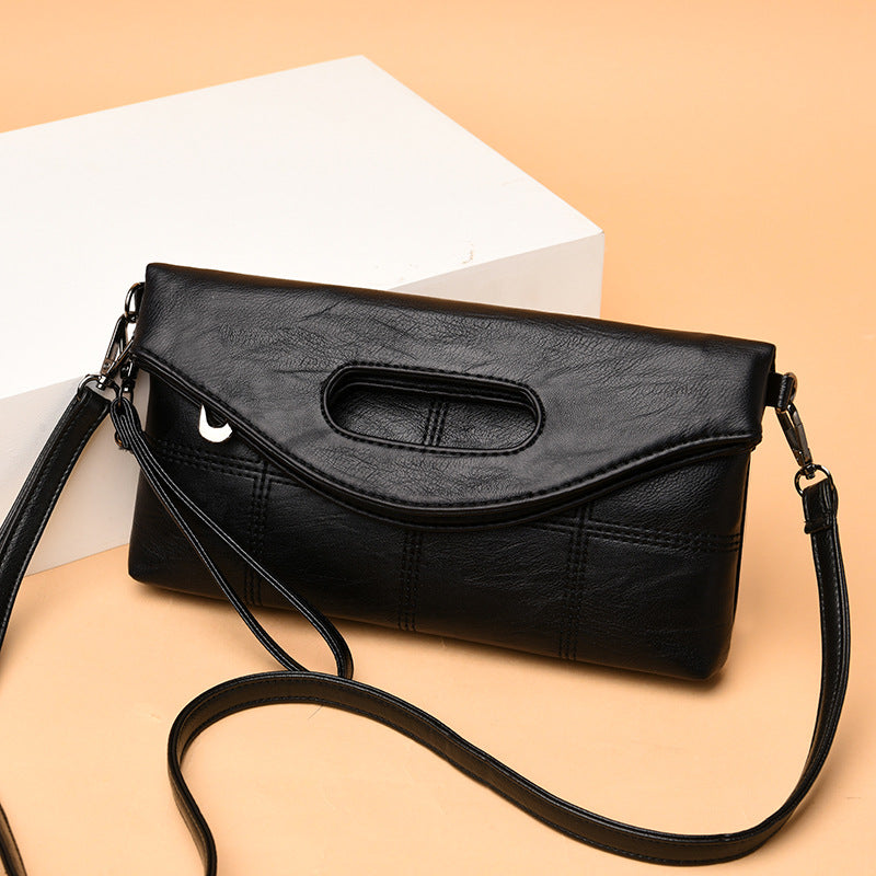 Classic Black Leather Clutch Bag, Large Capacity Handbag, Folding Diagonal Bag