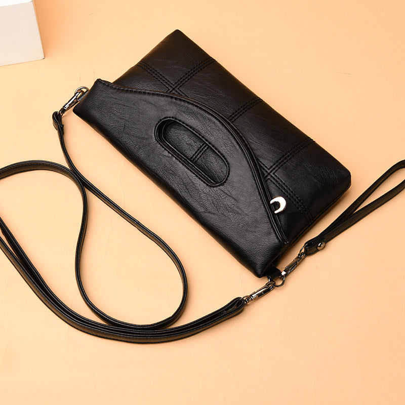 Classic Black Leather Clutch Bag, Large Capacity Handbag, Folding Diagonal Bag