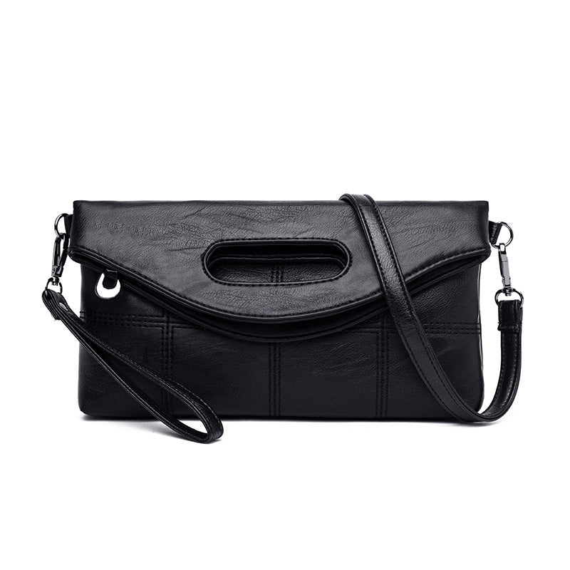 Classic Black Leather Clutch Bag, Large Capacity Handbag, Folding Diagonal Bag