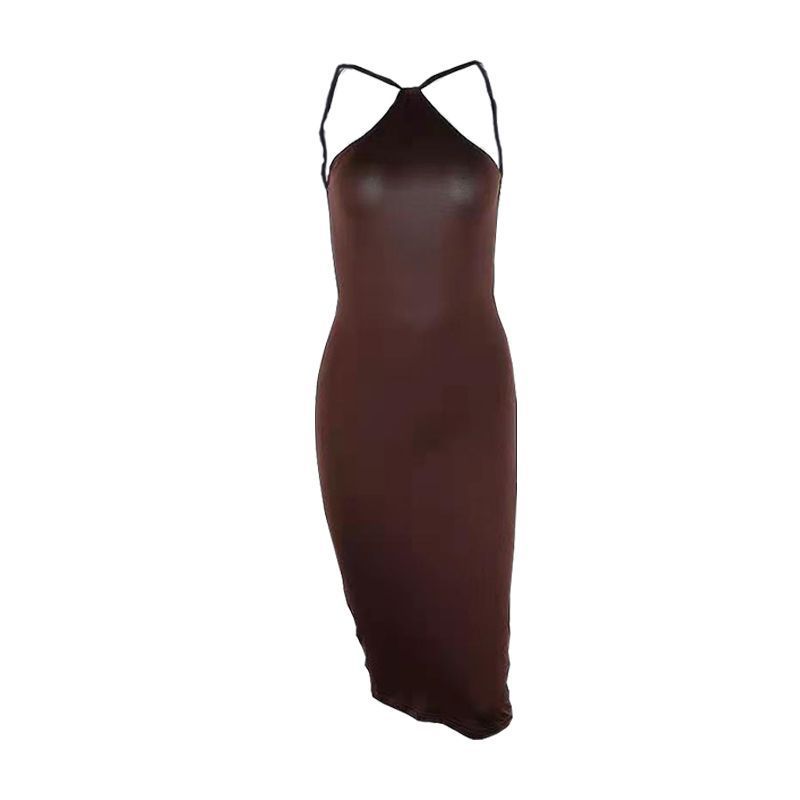 Solid Colour Halter Sleeveless Slinky Cocktail Midi Dress
