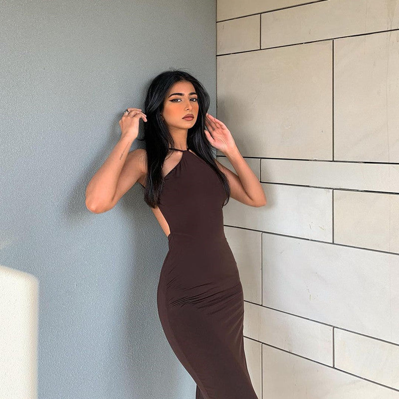 Solid Colour Halter Sleeveless Slinky Cocktail Midi Dress