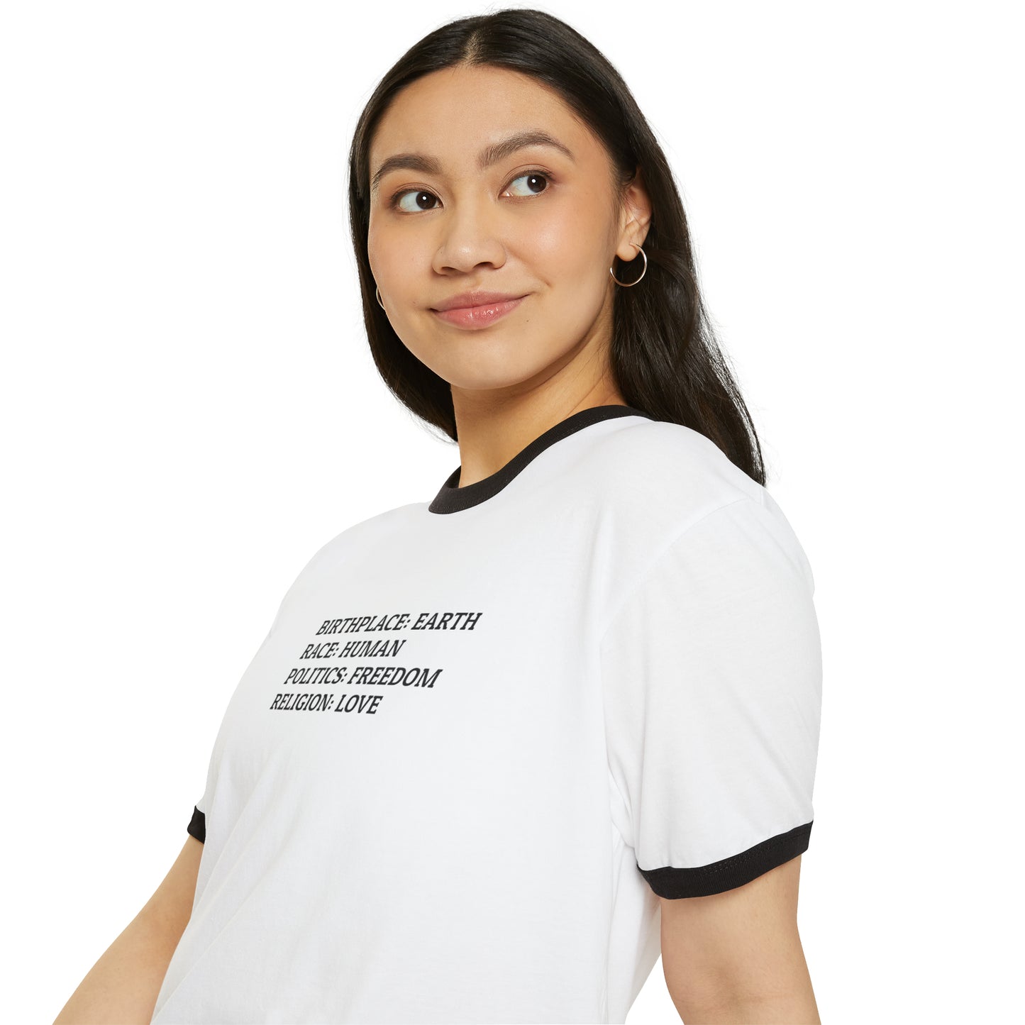 'Birthplace: Earth, Politics: Freedom, Religion: Love' Cotton T-Shirt