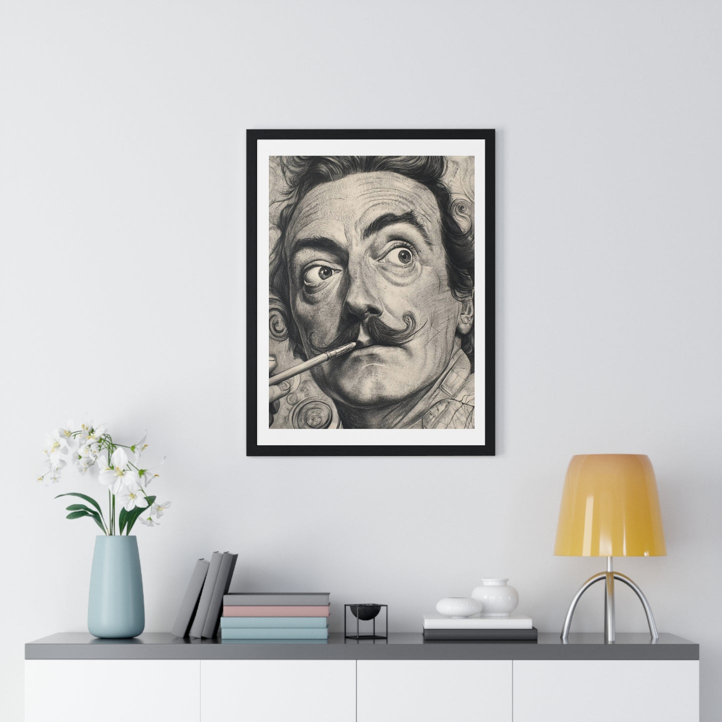 Salvador Dali Portrait, Pencil Sketch 'Designed by AI' Framed Art Print