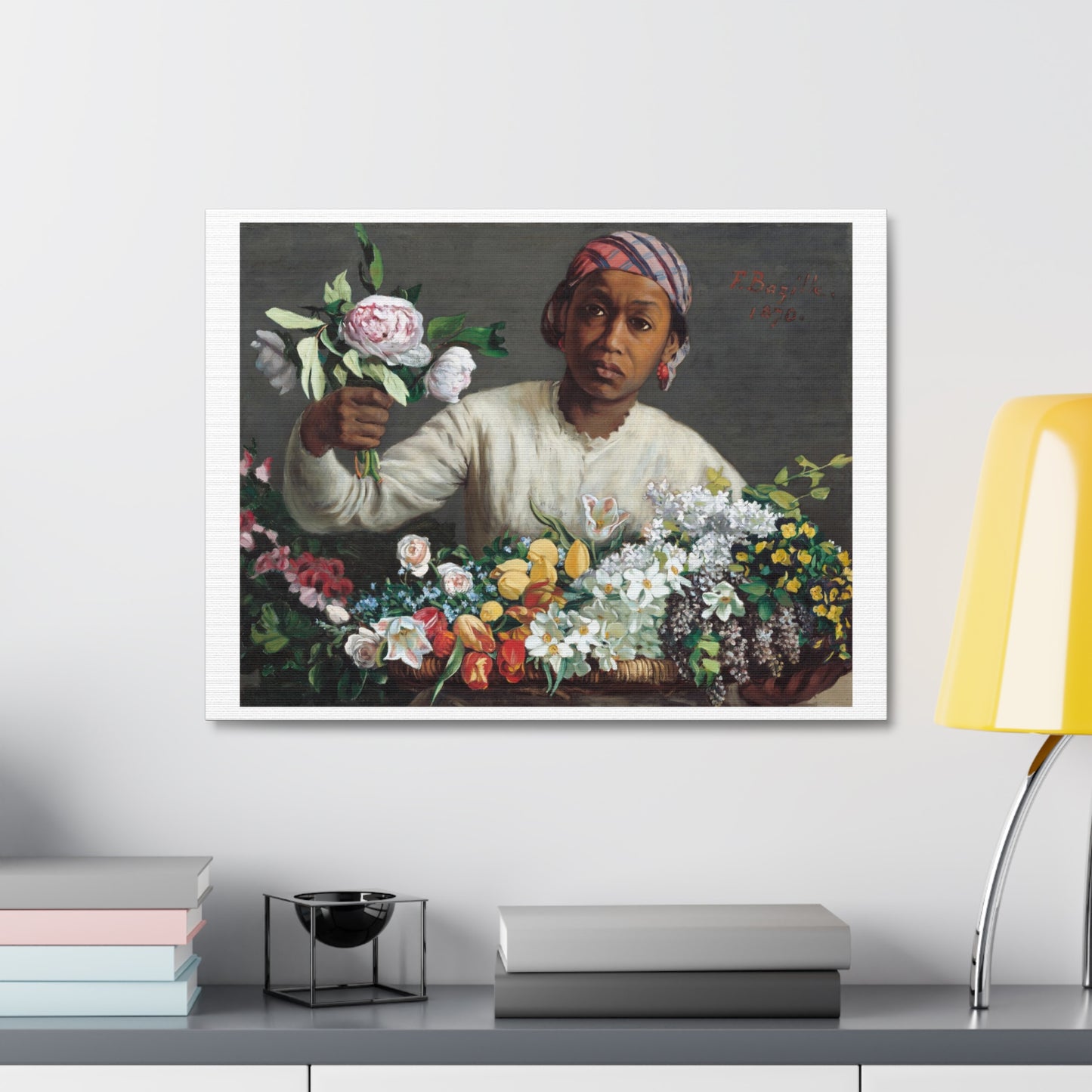 Young Woman with Peonies (1870) by Frédéric Bazille from the Original, Art Print on Canvas