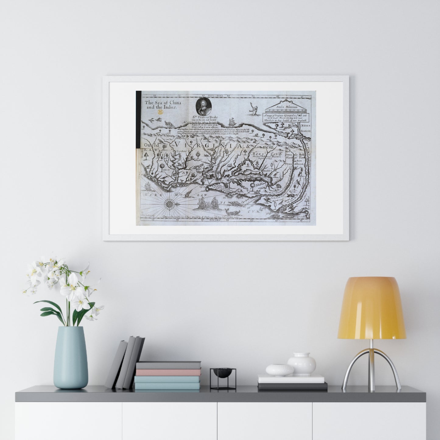 Antique Map of Virginia 'The Discovery of New Brittaine' (1651) from the Original Drake Manuscript, Framed Print