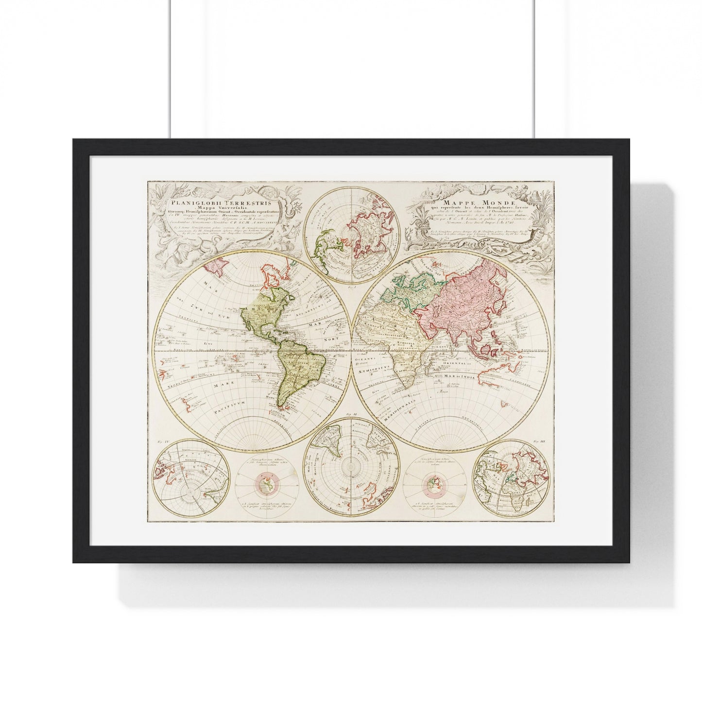 Antique Map of the World, Planiglobii Terrestris, Mappa Universalis (1746) by Johann Baptist, from the Original, Framed Art Print