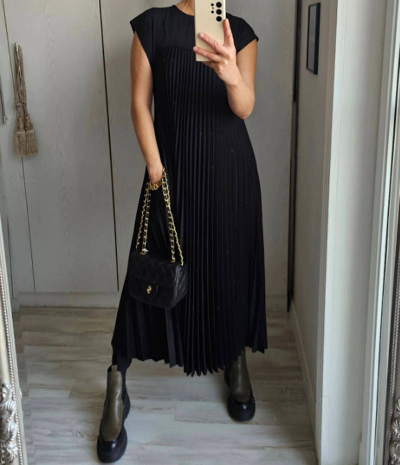 Vireous Sleeveless Pleated Long Dress Round Neck, Multi Colours