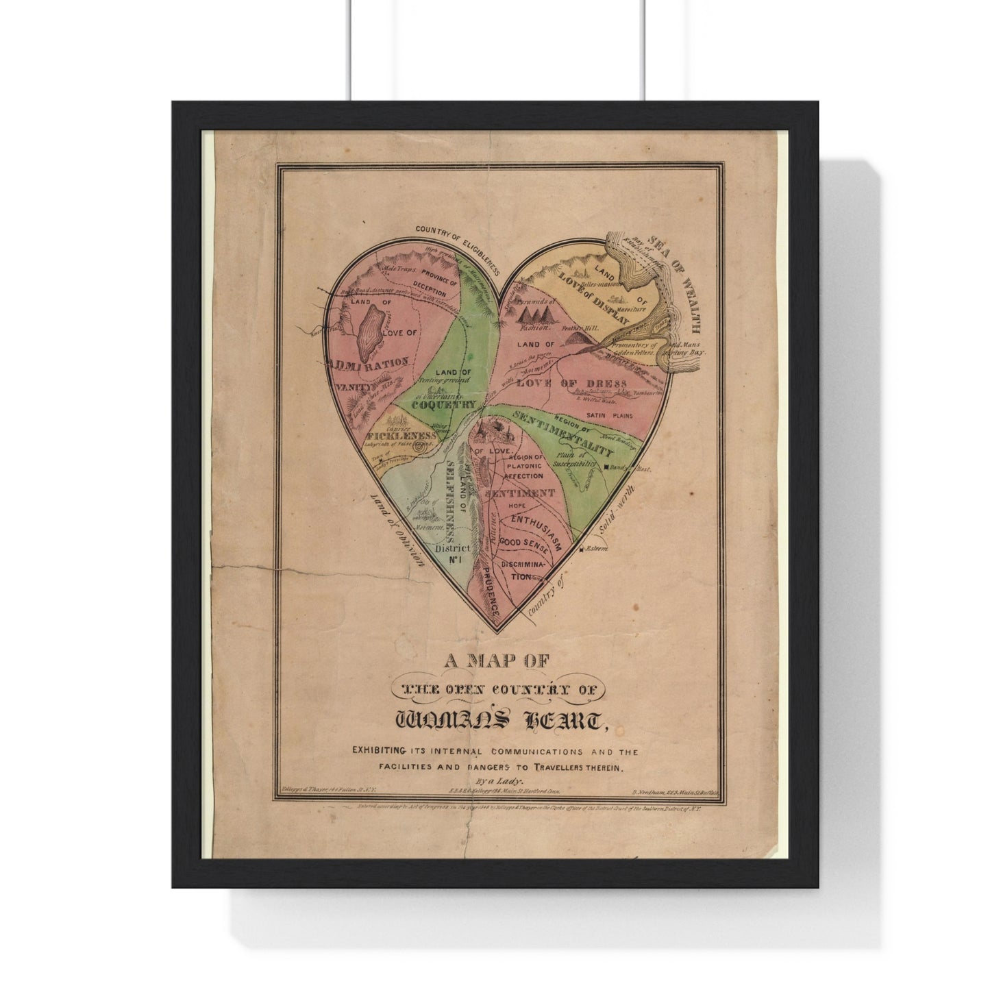 A Map of the Open Country of Woman's Heart (1833-1842) from the Original, Framed Art Print