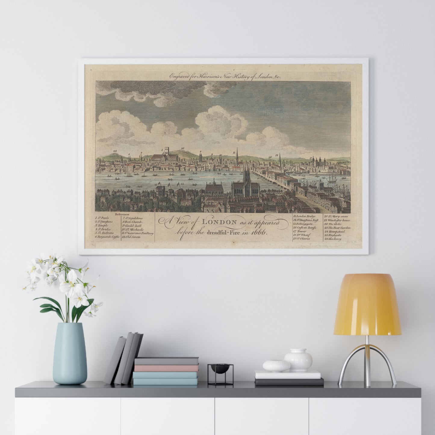 A View of London as it Appeared Before the Dreadful Fire in 1666 (1766) from the Original, Framed Art Print