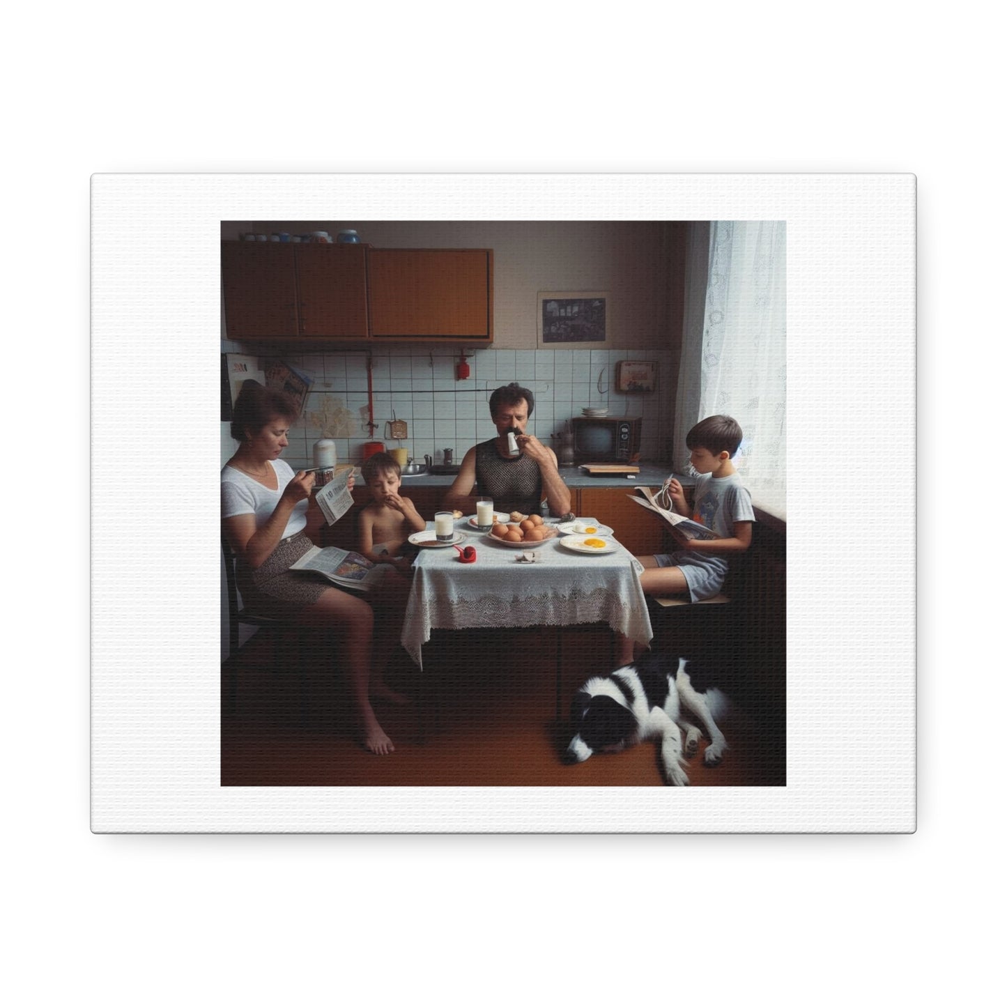 Typical 1970s Polish Family Eating Breakfast 'Designed by AI' Art Print on Canvas