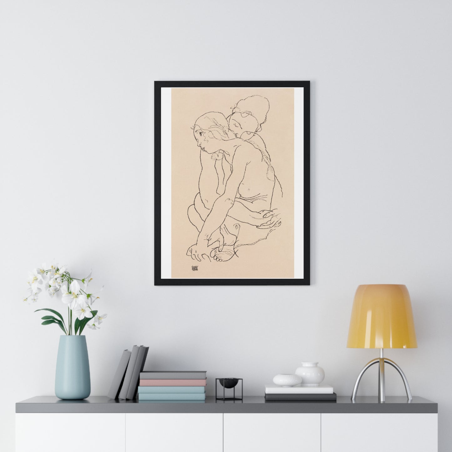 Woman and Girl Embracing (1918) by Egon Schiele, from the Original, Framed Art Print