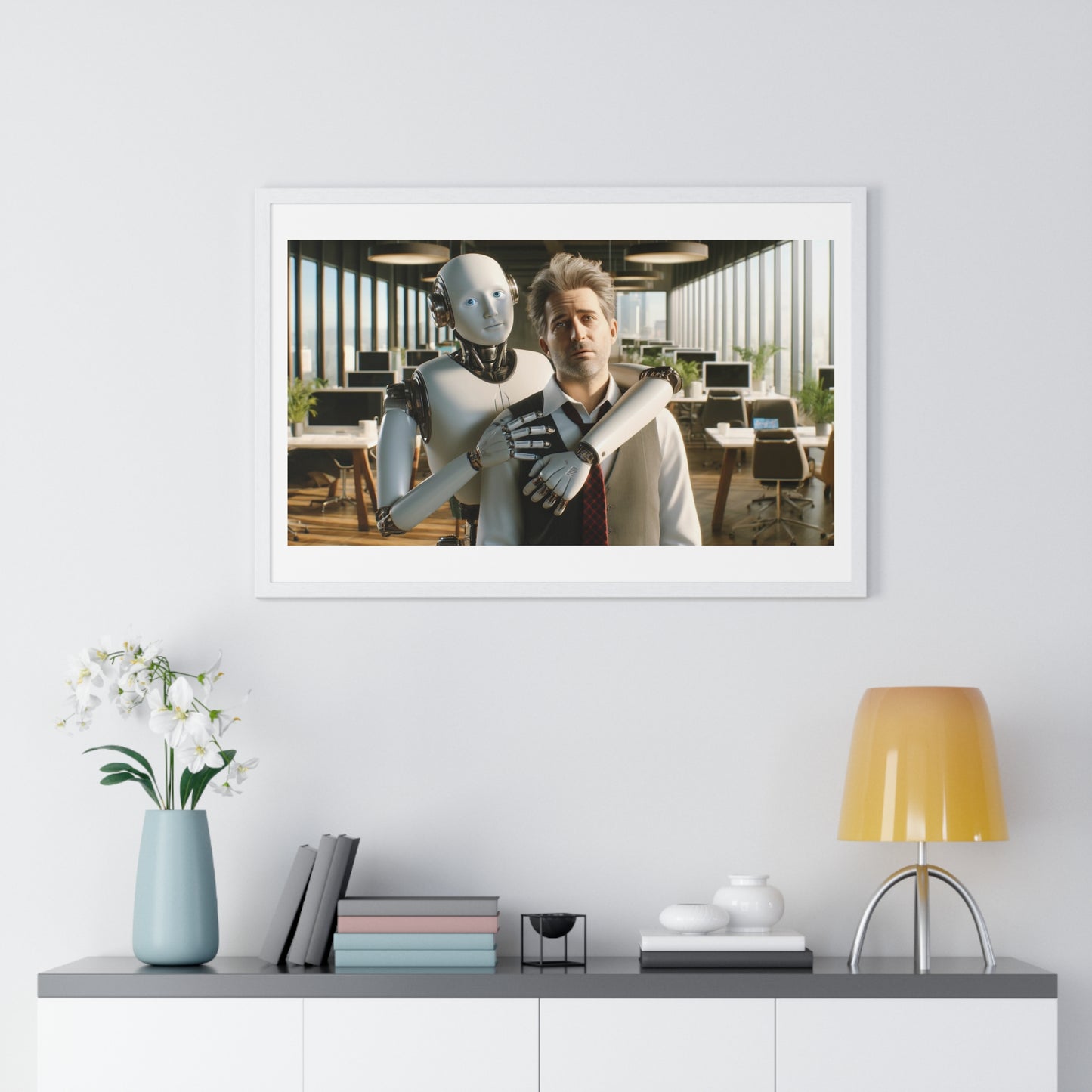 Having a Heart to Heart with your AI Creation, Office Art 'Designed by AI' Framed Print