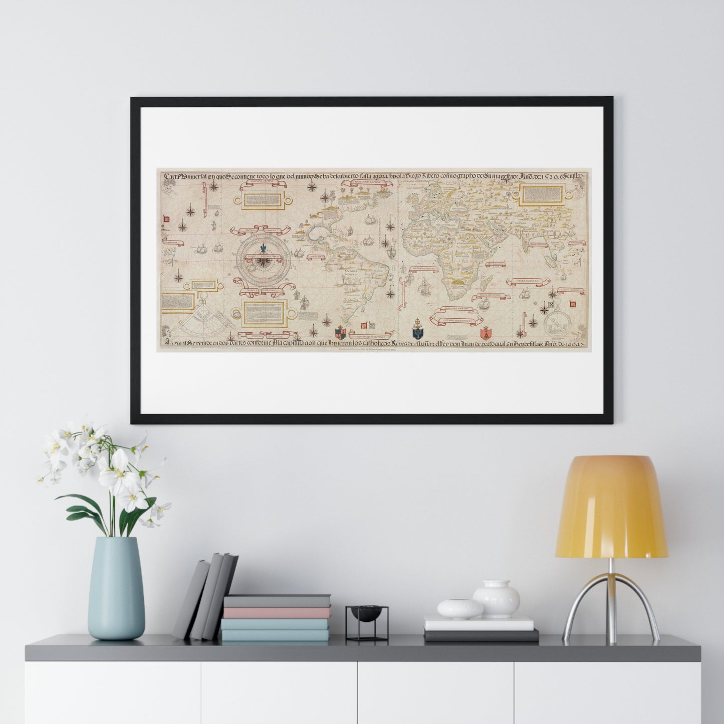 World Map (1527) by Diogo Ribeiro, from the Original, Framed Art Print