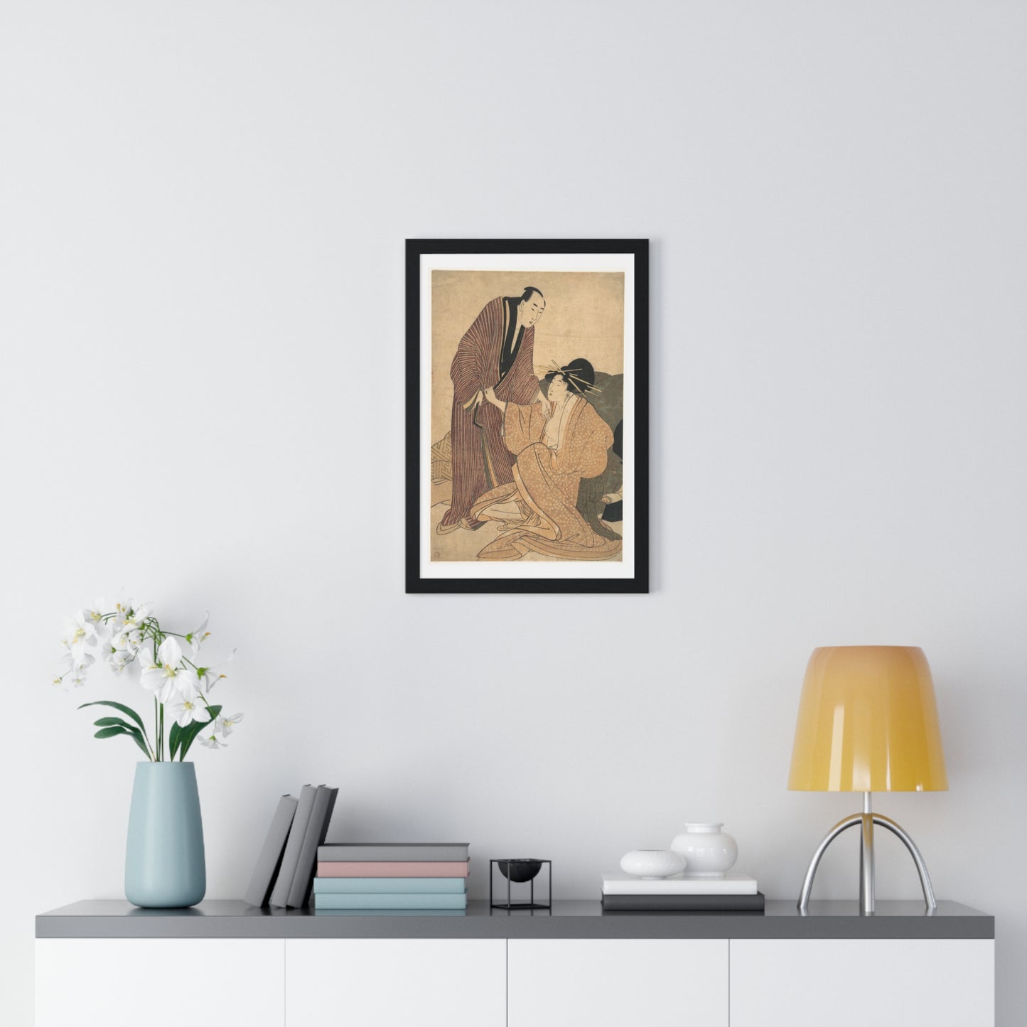 Japanese Vintage Art: Parting of Lovers, the Courtesan and her Lover (circa 1800) by Utamaro Kitagawa, Framed Art Print