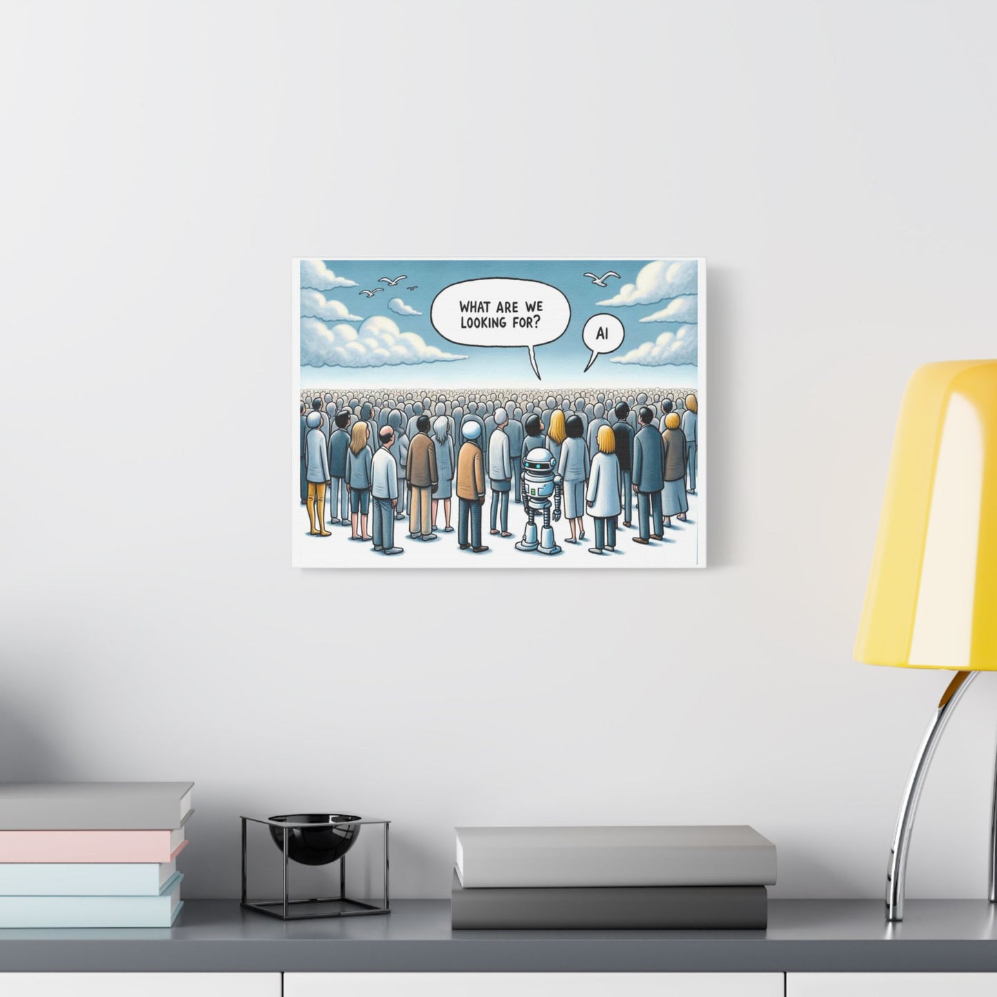 Looking for the Benefits of AI, Cartoon Art 'Designed by AI' Print on Canvas