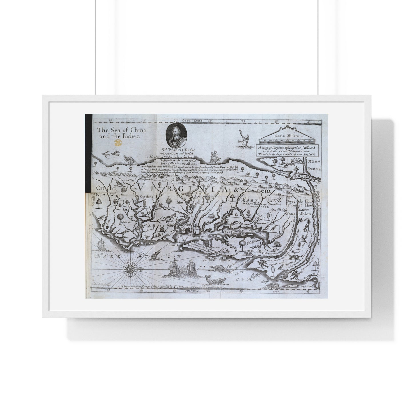 Antique Map of Virginia 'The Discovery of New Brittaine' (1651) from the Original Drake Manuscript, Framed Print