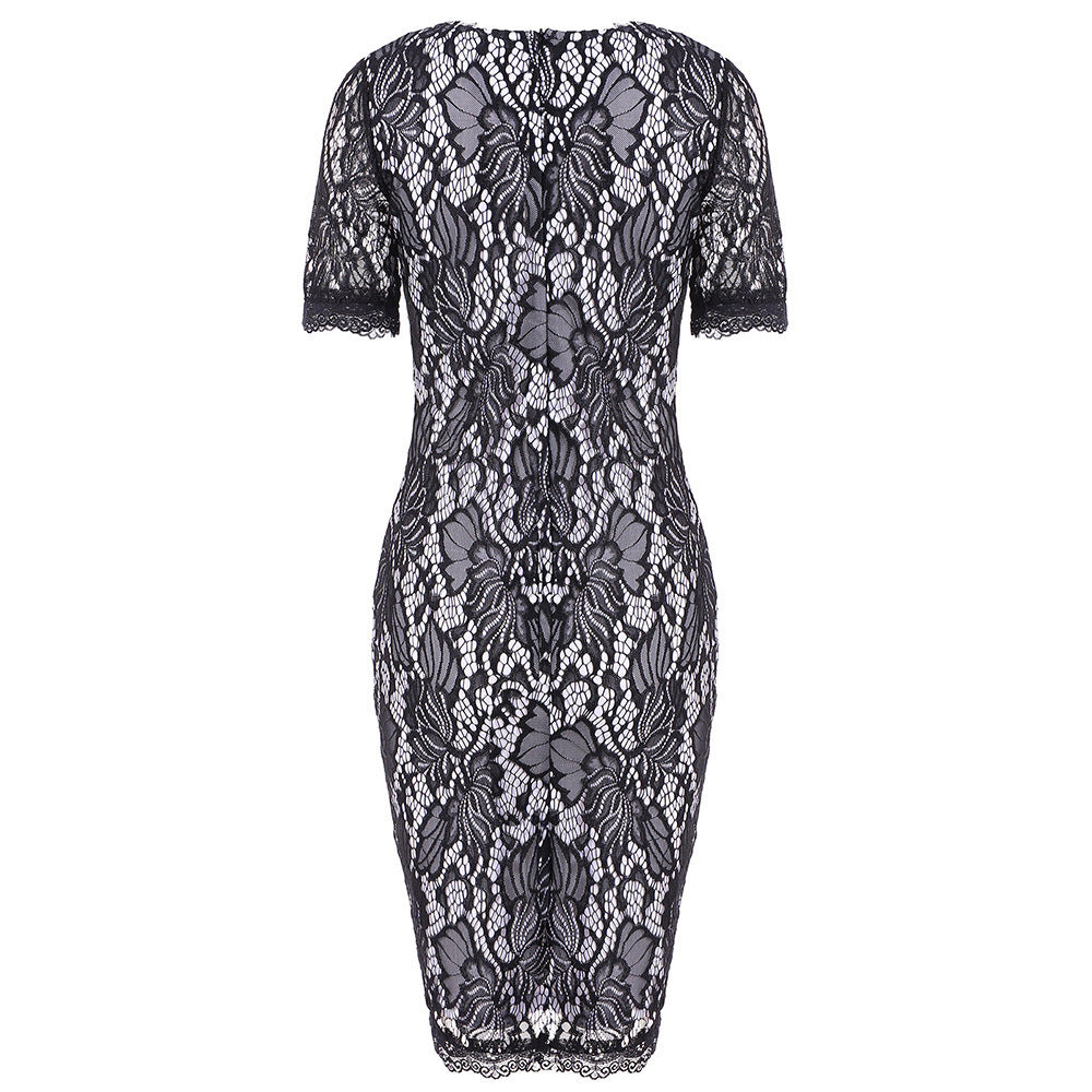 Vireous Floral Lace Overlay Sheer Half-Sleeve Dress