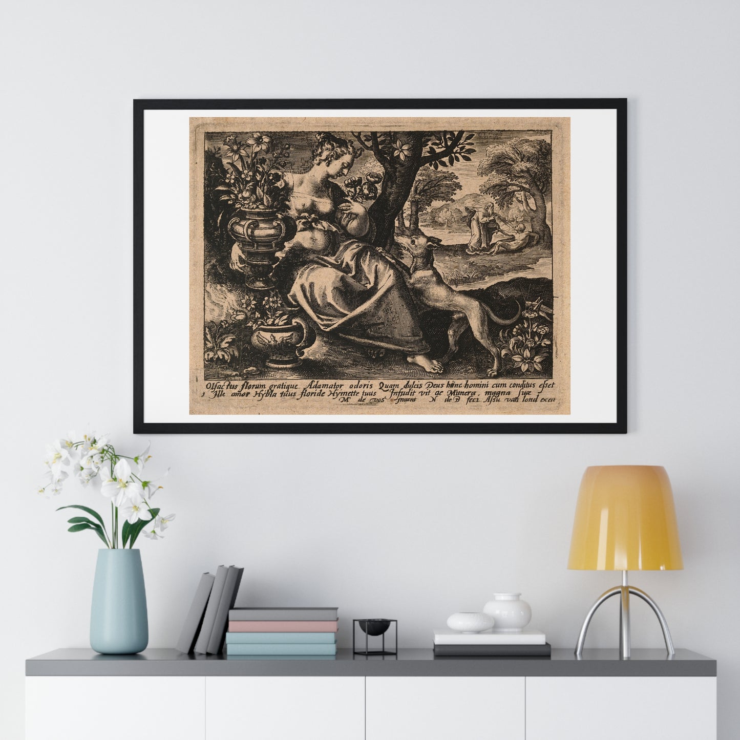 Woman in a Garden with Flowers, God Blows Spirit into Adam's Body, Reproduction Flemish Engraving, Framed Art Print