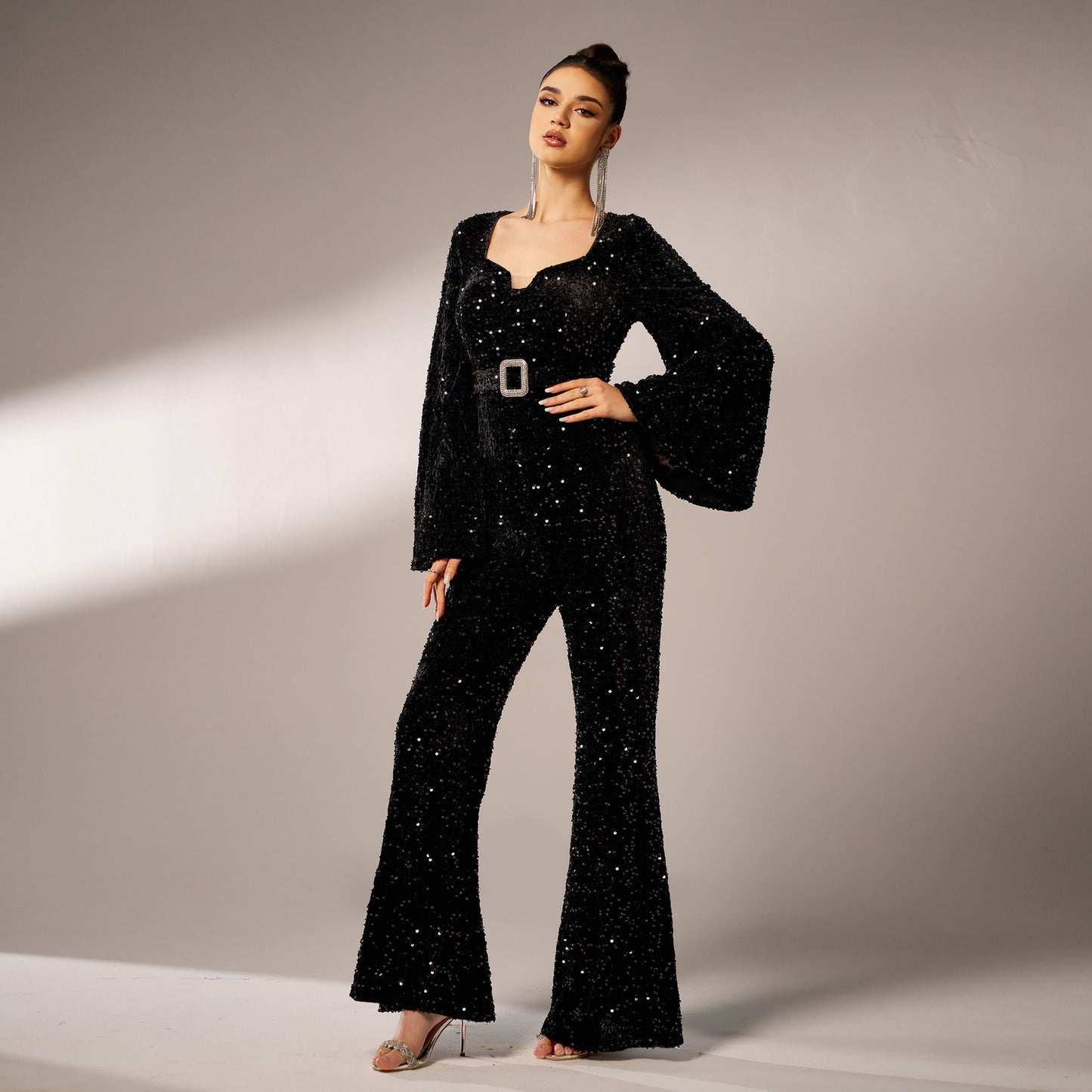 Long Sleeve Square-Neck Sheath Evening Sequined Jumpsuit