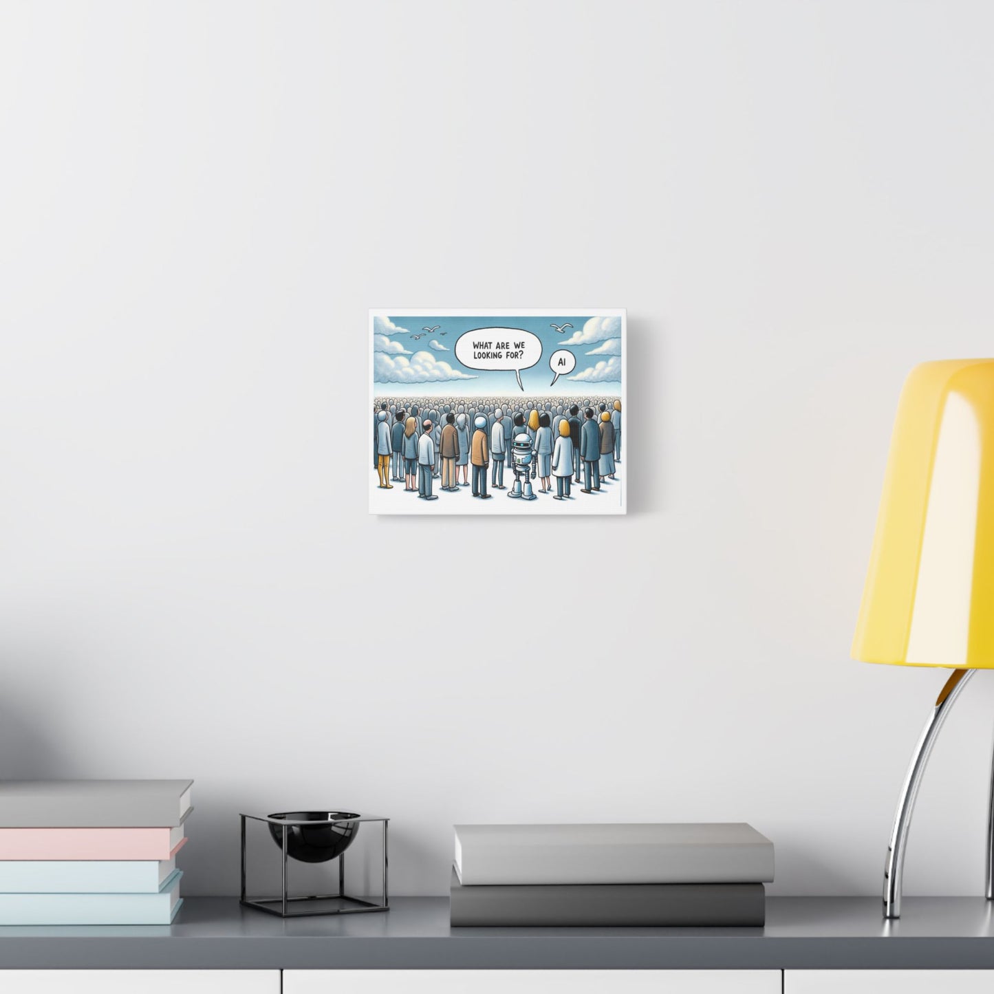 Looking for the Benefits of AI, Cartoon Art 'Designed by AI' Print on Canvas