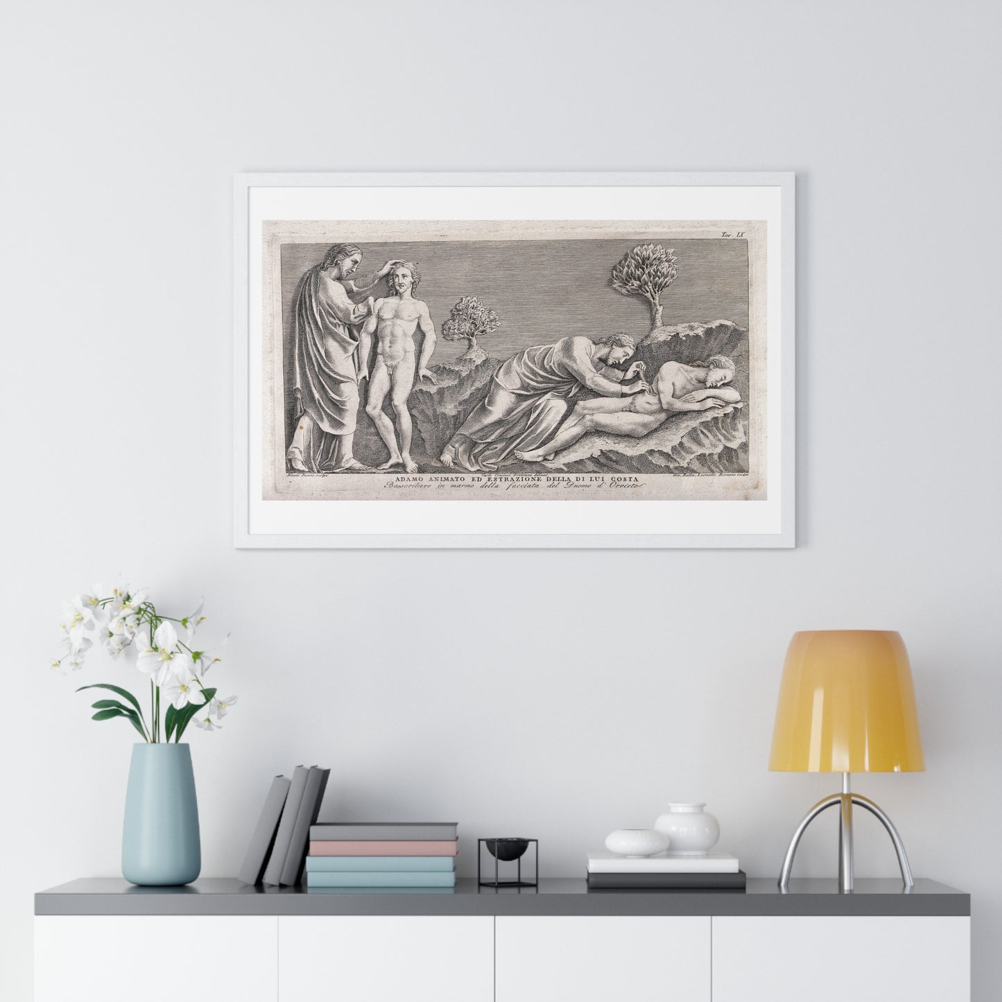 God Animates Adam and Operates on his Rib, Etching by Giovanni Leonetti after Carlo Cencioni after Nicola Pisano, Framed Print