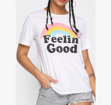 Feelin' Good White T-Shirt, Rainbow Print