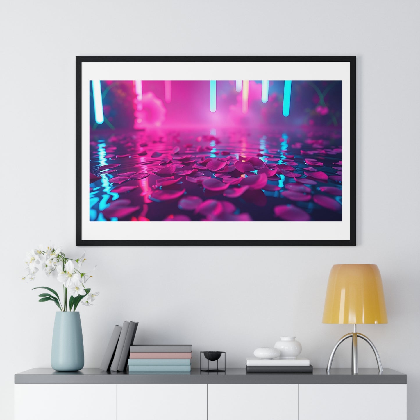 Petals on the Water, Pink Vibrant Art 'Designed by AI' Framed Print