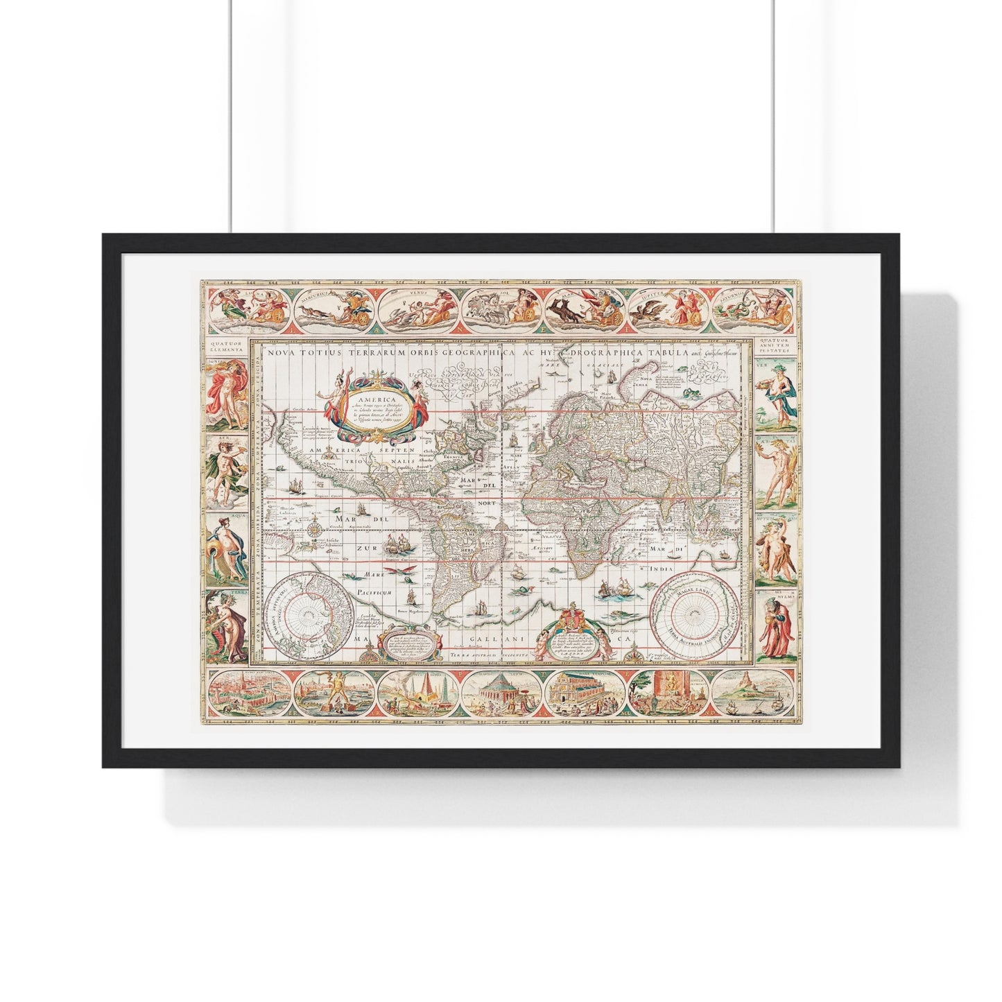 Map of the World 'Nova Totius Terrarum Orbis Geographica ac Hydrographica' (1635–1650) by Guiljelmo Blaeu, from the Original, Framed Art Print